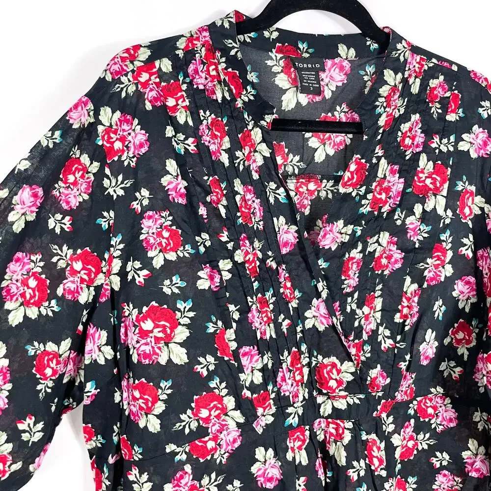 Torrid Top Black Red Floral Print Pleated V-Neck Long Sleeve Sz 3X Cotton Womens